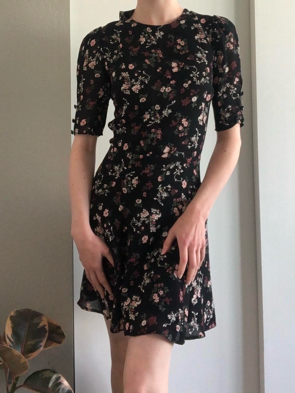 Women's Black Floral Short Sleeve A-Line Dress